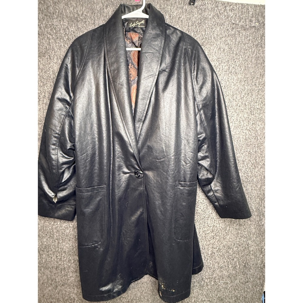 Lady Suzette Vintage Black Liquid Leather Trench Coat Shawl Collar Made in USA